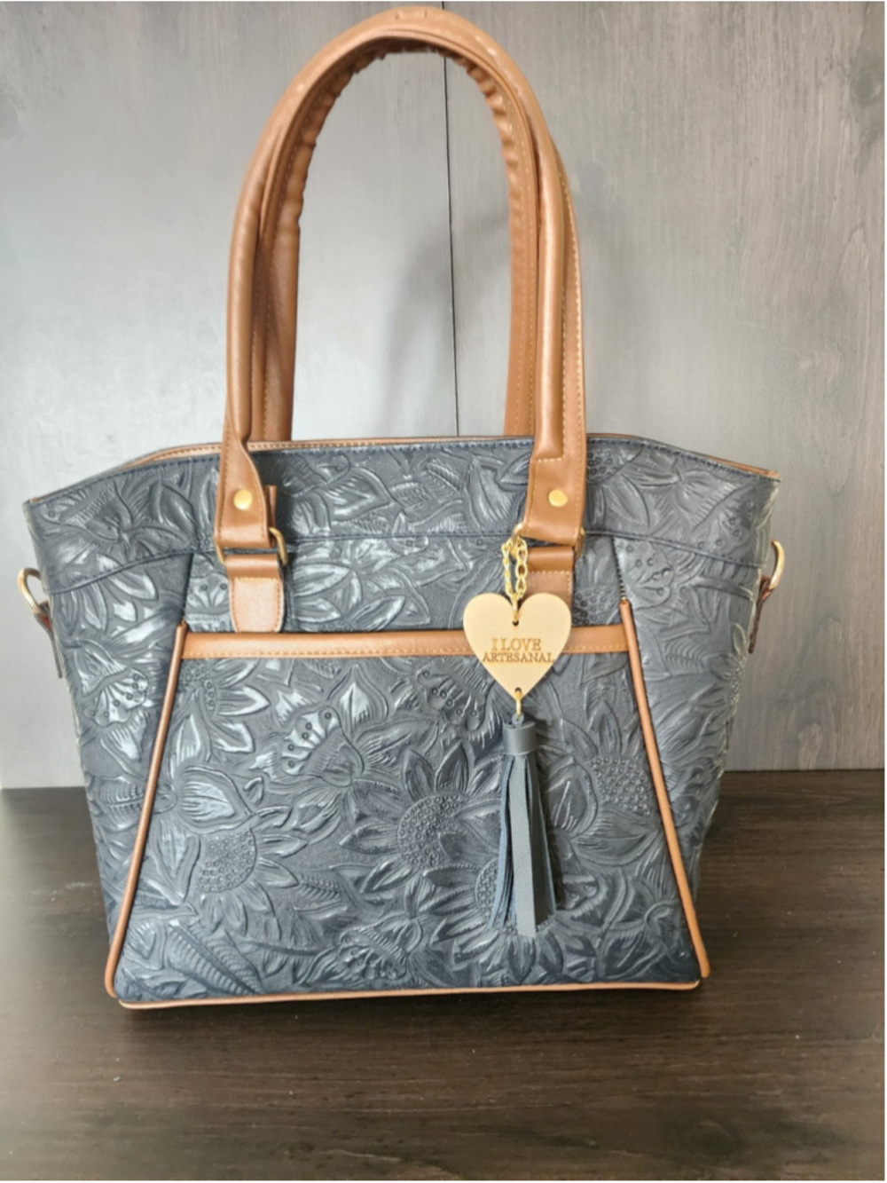 Sunflower Marine NAVY Blue Brown Embossed Tooled Artisan LEATHER Purse Handbag - Picture 6 of 16